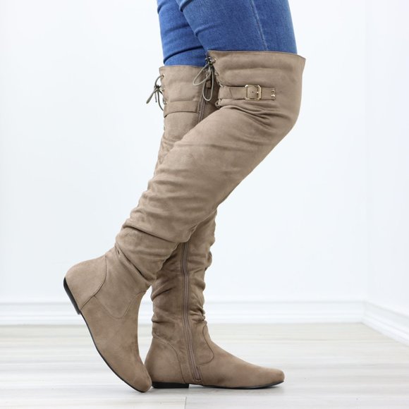 Shoes - Taupe Thigh High Over The Knee Flat Boots Faux Suede Laced Back